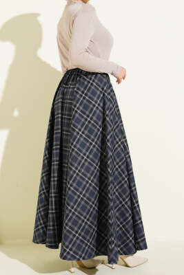 Beli Lastikli Ekose Desen Kloş Etek Lacivert - Etek