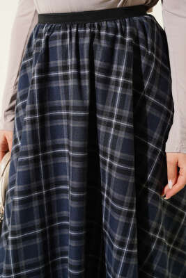 Beli Lastikli Ekose Desen Kloş Etek Lacivert - Etek