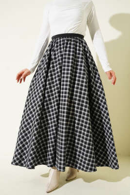 Beli Lastikli Ekose Desen Kloş Etek Siyah - VAV TEKSTİL