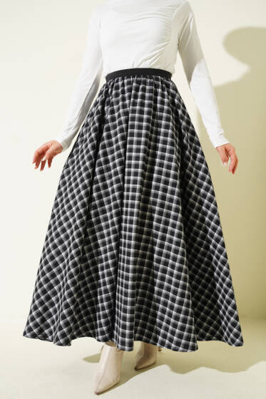 Beli Lastikli Ekose Desen Kloş Etek Siyah - Etek