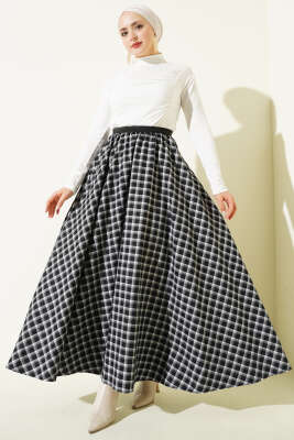 Beli Lastikli Ekose Desen Kloş Etek Siyah - Etek