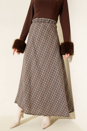 Beli Lastikli Ekoseli Basic Etek Füme - Günün Seçilenleri