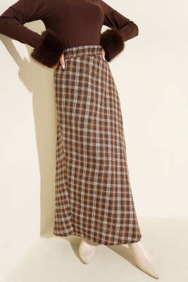 Beli Lastikli Ekoseli Basic Etek Kahve - ASME