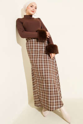 Beli Lastikli Ekoseli Basic Etek Kahve - Günün Seçilenleri