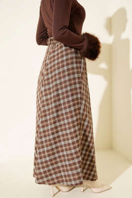 Beli Lastikli Ekoseli Basic Etek Kahve - Günün Seçilenleri