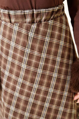 Beli Lastikli Ekoseli Basic Etek Kahve - Günün Seçilenleri