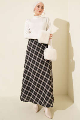 Beli Lastikli Ekoseli Basic Etek Siyah - Günün Seçilenleri