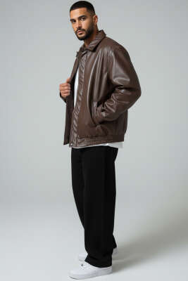 Beli Lastikli Erkek Deri Mont Kahve - Erkek Mont
