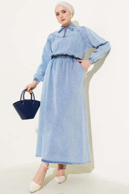 Beli Lastikli Fermuarlı Kot Elbise Kot Mavisi - Tesettür Elbise