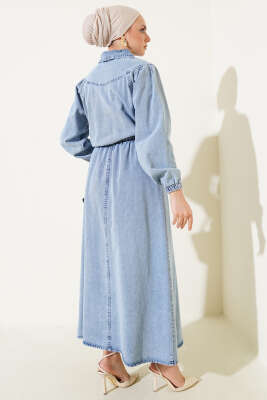 Beli Lastikli Fermuarlı Kot Elbise Kot Mavisi - Tesettür Elbise