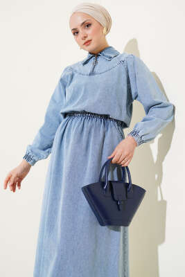 Beli Lastikli Fermuarlı Kot Elbise Kot Mavisi - Tesettür Elbise