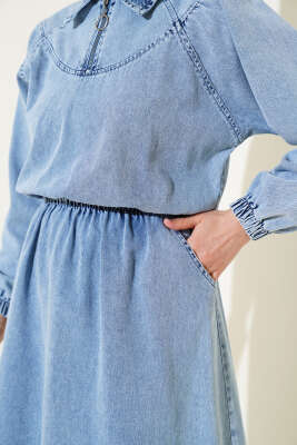 Beli Lastikli Fermuarlı Kot Elbise Kot Mavisi - Tesettür Elbise