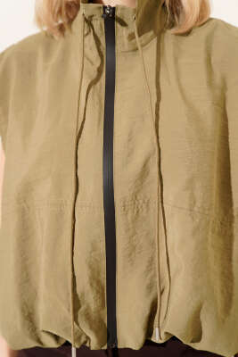 Beli Lastikli Fermuarlı Yelek Haki - Kadın Giyim Modelleri