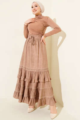 Beli Lastikli Fırfırlı Etek Latte - Etek