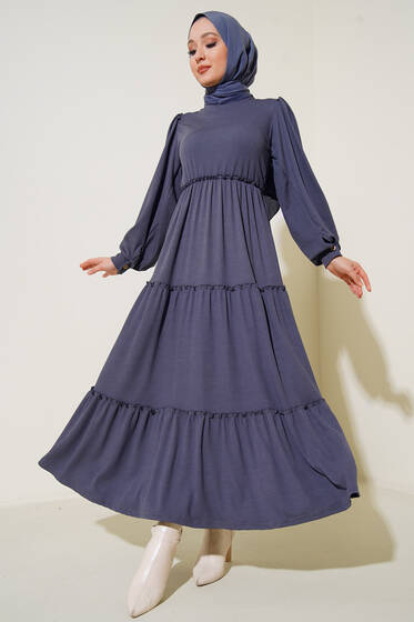 Beli Lastikli Fırfırlı Kat Kat Elbise Füme - Tesettür Elbise