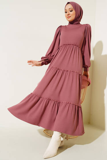 Beli Lastikli Fırfırlı Kat Kat Elbise Gül Kurusu - Tesettür Elbise