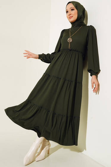 Beli Lastikli Fırfırlı Kat Kat Elbise Haki - Tesettür Elbise