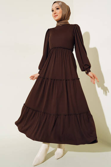 Beli Lastikli Fırfırlı Kat Kat Elbise Kahve - Tesettür Elbise