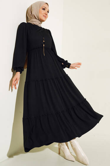 Beli Lastikli Fırfırlı Kat Kat Elbise Siyah - Tesettür Elbise