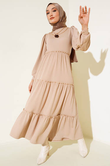 Beli Lastikli Fırfırlı Kat Kat Elbise Taş - Tesettür Elbise