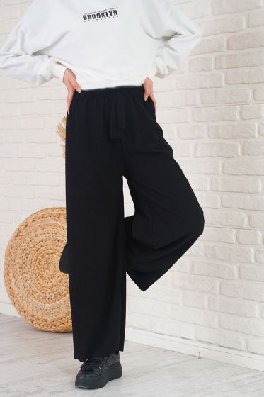 Beli Lastikli Fitilli Siyah Pantolon - Pantolon