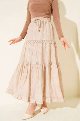 Beli Lastikli Fiyonklu Etek Bej - ALİ AKKAYA