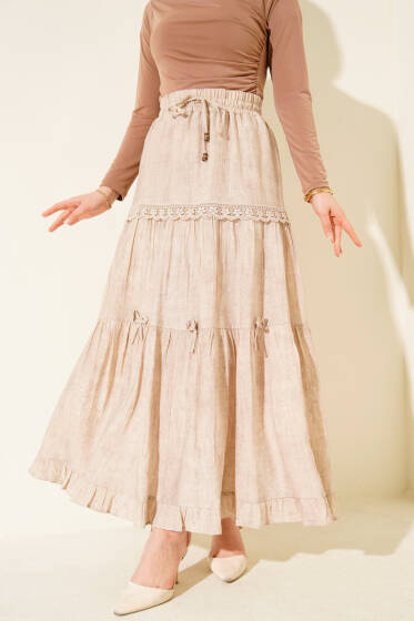 Beli Lastikli Fiyonklu Etek Bej - Etek