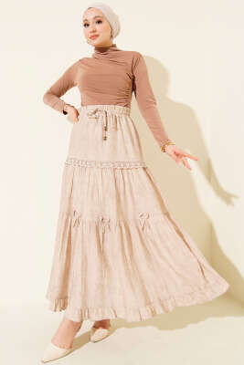 Beli Lastikli Fiyonklu Etek Bej - Etek