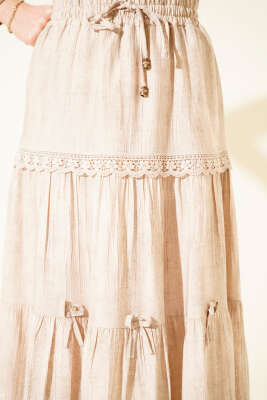 Beli Lastikli Fiyonklu Etek Bej - Etek