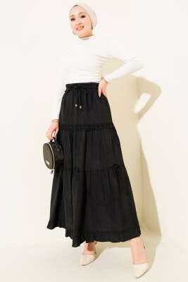 Beli Lastikli Fiyonklu Etek Siyah - Etek