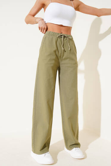 Beli Lastikli Geniş Paça Keten Pantolon Haki - Kadın Giyim Modelleri