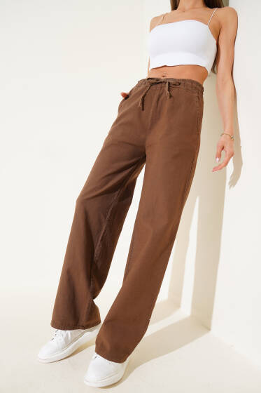 Beli Lastikli Geniş Paça Keten Pantolon Kahve - Kadın Giyim Modelleri