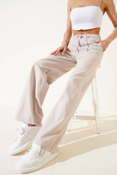 Beli Lastikli Geniş Paça Keten Pantolon Taş - Kadın Giyim Modelleri