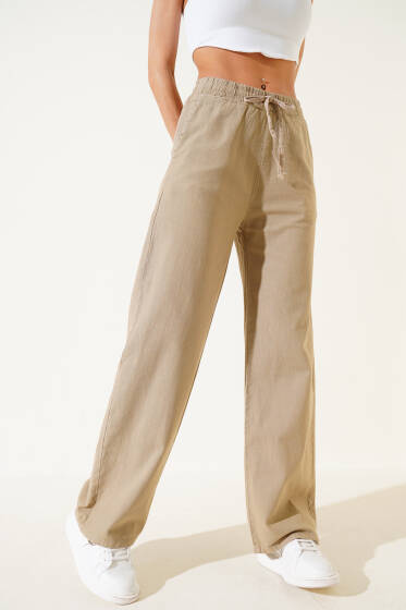 Beli Lastikli Geniş Paça Keten Pantolon Vizon - Kadın Giyim Modelleri