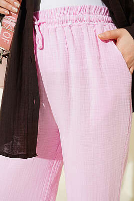 Beli Lastikli Geniş Paça Müslin Pantolon Pembe - Pantolon