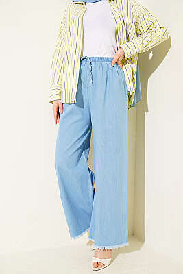 Beli Lastikli Geniş Paça Püsküllü Kot Pantolon Açık Mavi - ASME