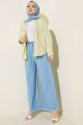 Beli Lastikli Geniş Paça Püsküllü Kot Pantolon Açık Mavi - Pantolon