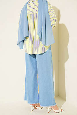 Beli Lastikli Geniş Paça Püsküllü Kot Pantolon Açık Mavi - Pantolon