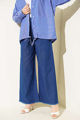 Beli Lastikli Geniş Paça Püsküllü Kot Pantolon Kot Mavisi - ASME