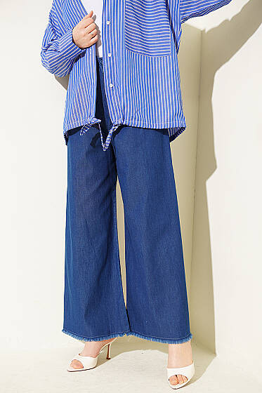 Beli Lastikli Geniş Paça Püsküllü Kot Pantolon Kot Mavisi - Pantolon