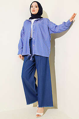 Beli Lastikli Geniş Paça Püsküllü Kot Pantolon Kot Mavisi - Pantolon