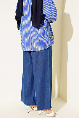 Beli Lastikli Geniş Paça Püsküllü Kot Pantolon Kot Mavisi - Pantolon