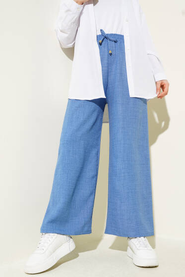 Beli Lastikli Geniş Paçalı Pantolon İndigo - Pantolon