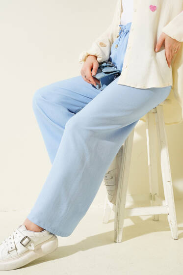 Beli Lastikli Geniş Paçalı Pantolon Mavi - Pantolon