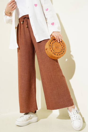 Beli Lastikli Geniş Paçalı Pantolon Taba - Pantolon