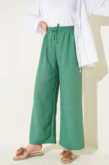 Beli Lastikli Geniş Paçalı Pantolon Yeşil - Pantolon