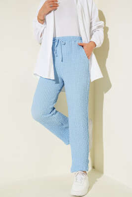 Beli Lastikli Gofre Pantolon Bebe Mavi - Pantolon
