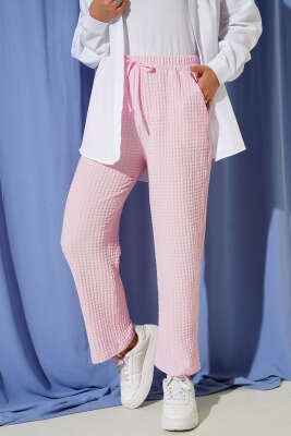 Beli Lastikli Gofre Pantolon Pembe - Pantolon