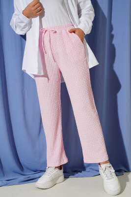 Beli Lastikli Gofre Pantolon Pembe 