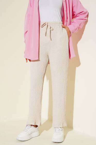 Beli Lastikli Gofre Pantolon Taş - Pantolon